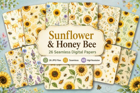 Download Sunflower &amp; Honey Bee Digital Paper Set - Digital paper Collection