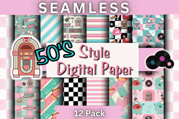 Download 50'S THEME DIGITAL PAPER 12 PACK PNG - Digital paper Collection