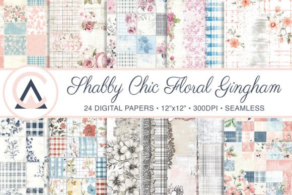 Download Shabby Chic Floral Gingham Digital Paper - Digital paper Collection