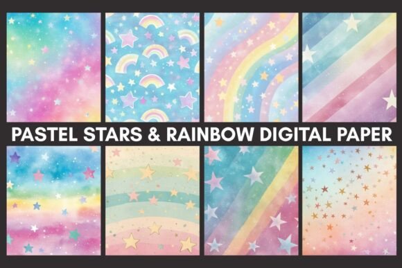 Download Pastel Stars &amp; Rainbow Digital Paper - Digital paper Collection