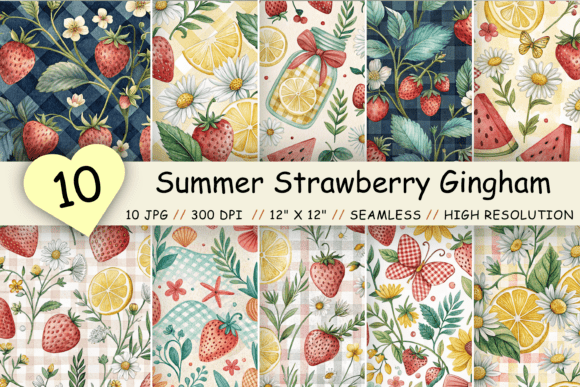 Download Summer Strawberry Gingham Digital Paper - Digital paper Collection