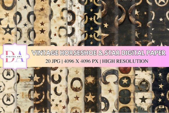 Download Vintage Horseshoe &amp; Star Digital Paper - Digital paper Collection