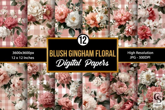 Download Blush Gingham Floral Digital Papers - Digital paper Collection