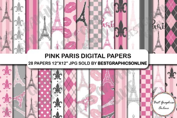 Download 28 Pink Paris Digital Papers Set Eiffel - Digital paper Collection