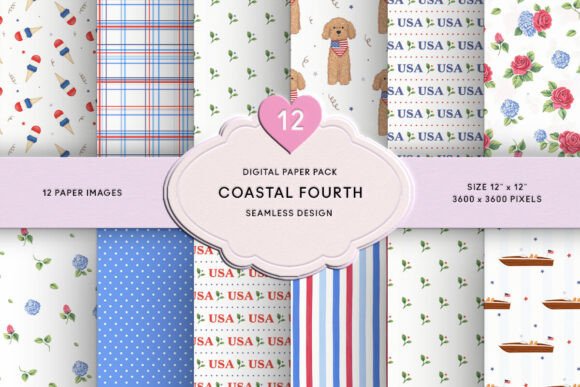 Download Floral July 4th Blue &amp; Red Digital Paper - Digital paper Collection